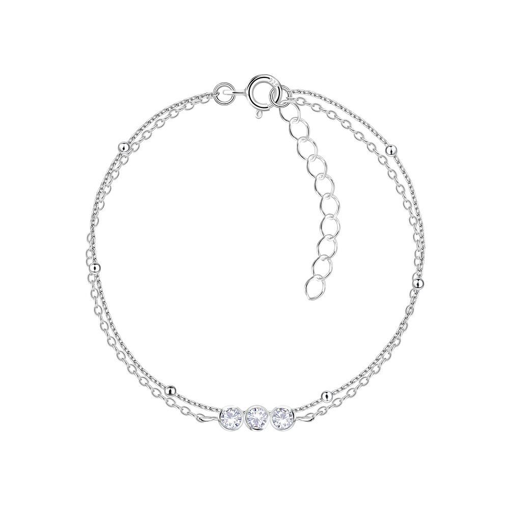 Wholesale Sterling Silver Three Stones Double Chain Bracelet - JD22604