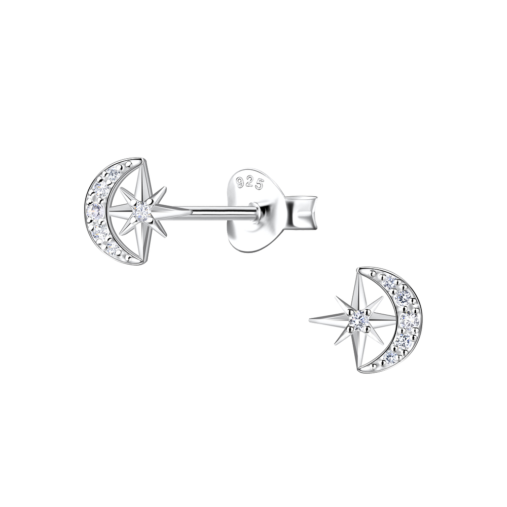 Wholesale Sterling Silver Moon and Starburst Ear Studs - JD22405