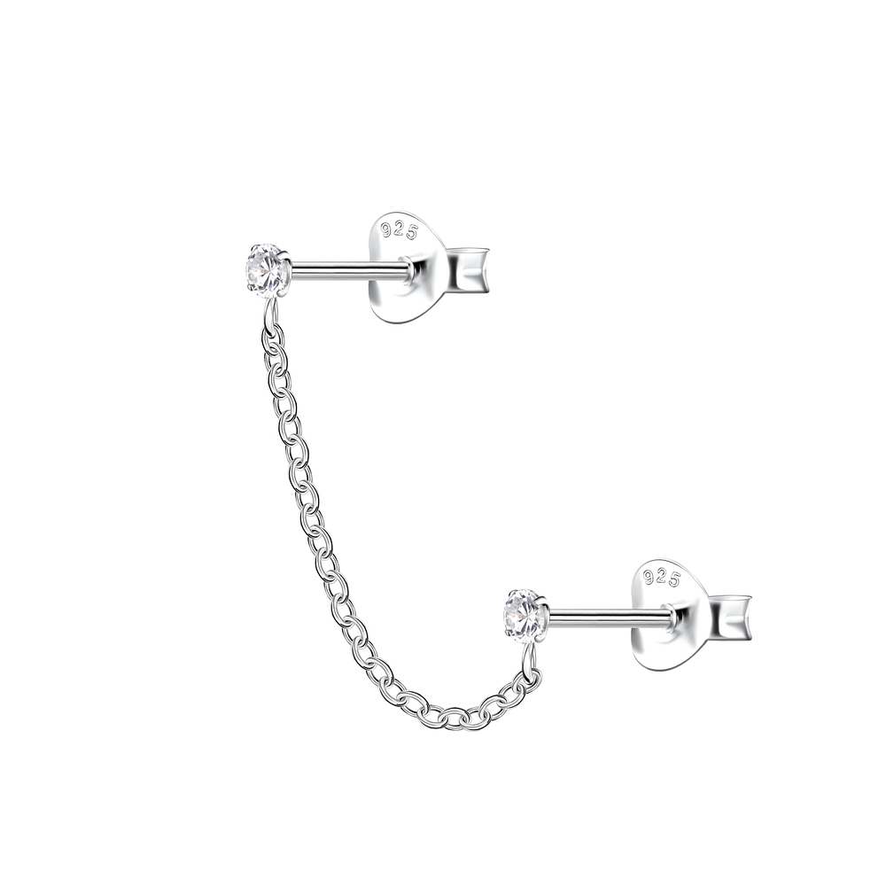 Wholesale Sterling Silver Double Ear Studs with Chain - JD22469