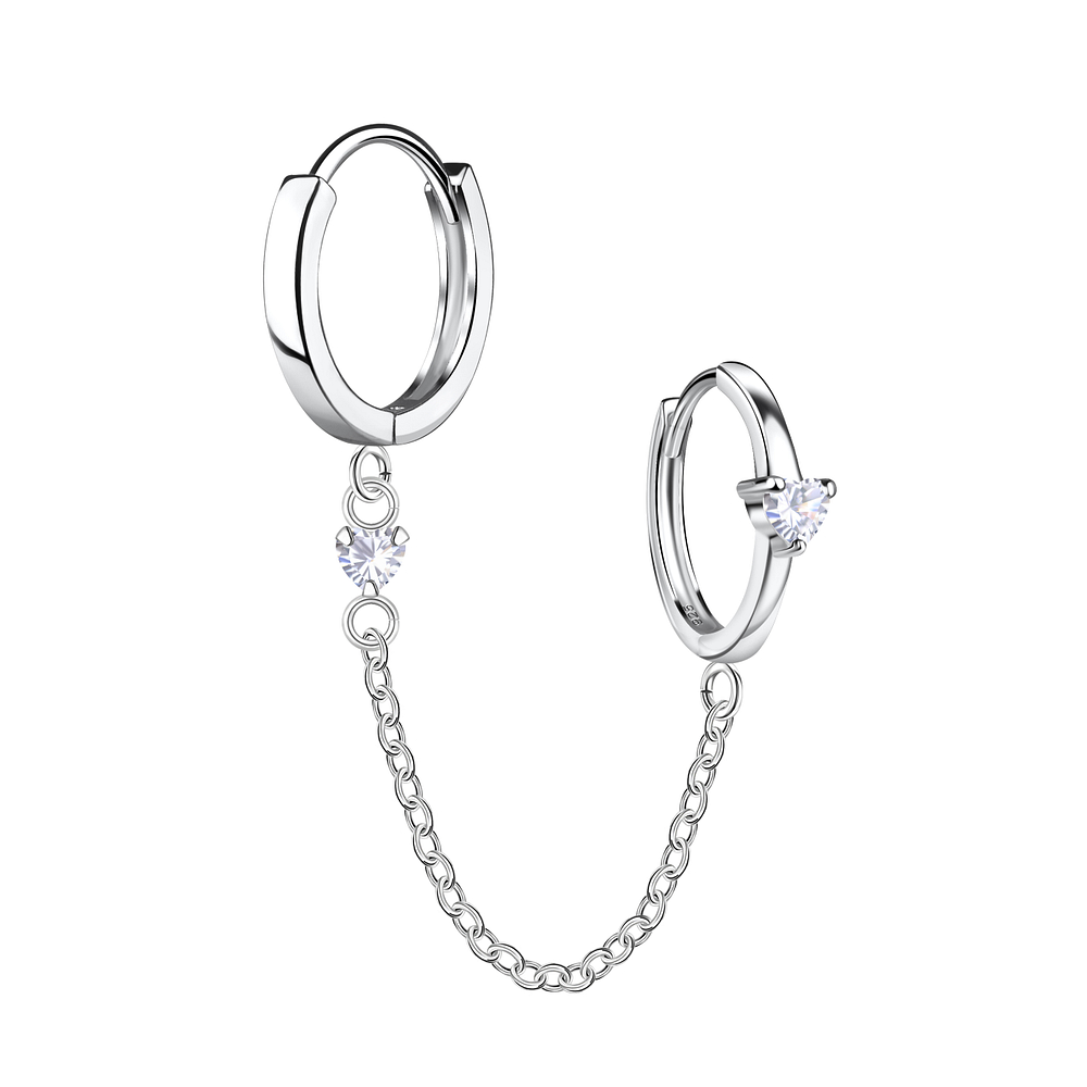Wholesale Sterling Silver Heart Double Huggie Earrings with Chain - JD22583