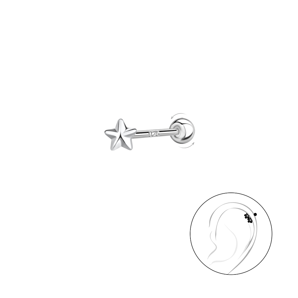 Wholesale Sterling Silver Star Cartilage Stud with Sterling Silver Ball Screw Back - JD20433