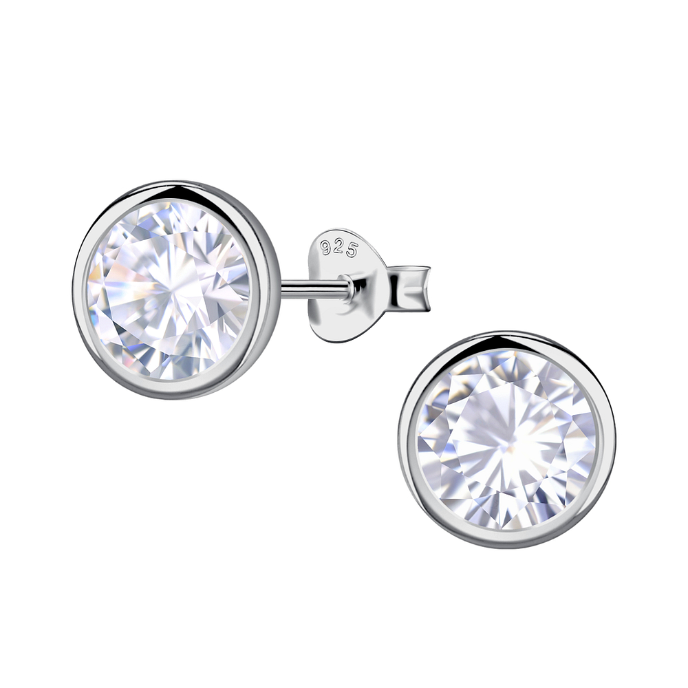 Wholesale 8mm Round Cubic Zirconia Sterling Silver Ear Studs - JD24043