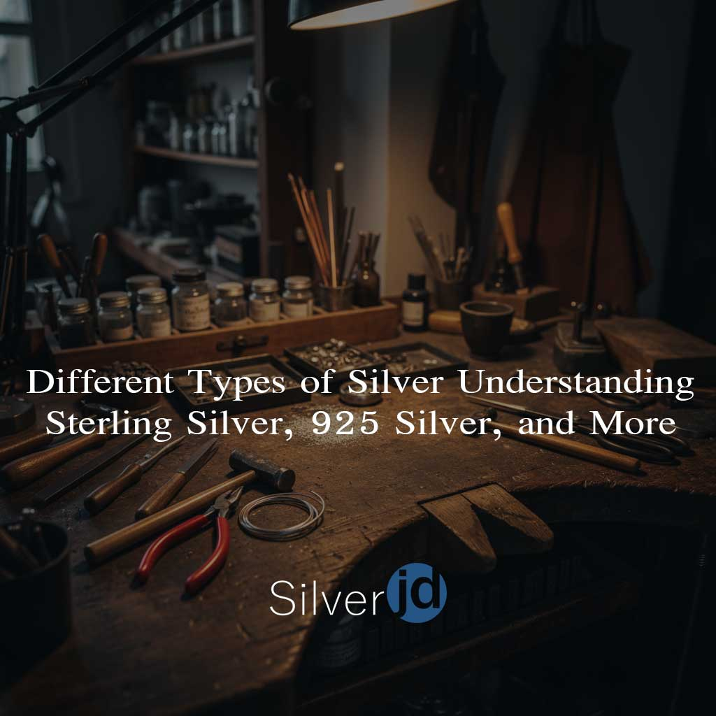 A silver smith's work station with text talking about "Different Types of Silver - Understanding Sterling Silver, 925 Silver, and More"