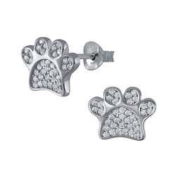 Wholesale Sterling Silver Paw Print Cubic Zirconia Ear Studs - JD3107