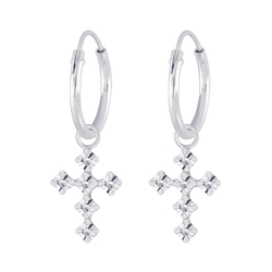 Wholesale Sterling Silver Cross Crystal Charm Ear Hoops - JD5167