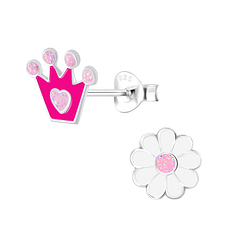 Wholesale Sterling Silver Crown and Flower Ear Studs - JD9950