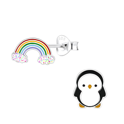 Wholesale Sterling Silver Rainbow and Penguin Ear Studs - JD9951