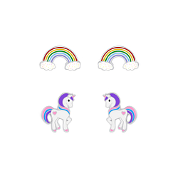 Wholesale Sterling Silver Rainbow and Unicorn Ear Studs Set - JD7634