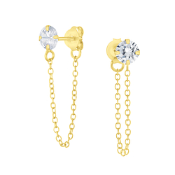 Wholesale 4mm Round Cubic Zirconia Sterling Silver Ear Studs with Chain - JD6654