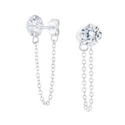 Wholesale 6mm Round Cubic Zirconia Sliver Ear Studs with Chain - JD6204