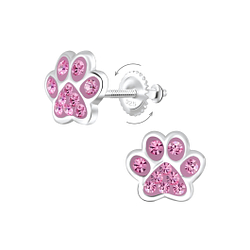 Wholesale Sterling Silver Paw Print Crystal Screw Back Ear Studs - JD6233