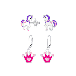 Wholesale Sterling Silver Unicorn and Crown Earrings Set - JD8391