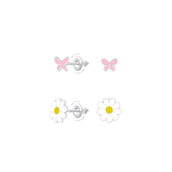 Wholesale Sterling Silver Butterfly and Flower Screw Back Ear Studs Set - JD8383