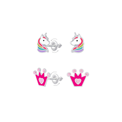 Wholesale Sterling Silver Unicorn and Crown Screw Back Ear Studs Set - JD8387