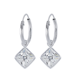 Wholesale 6mm Square Cubic Zirconia Sterling Silver Charm Ear Hoops - JD2245