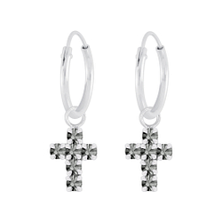 Wholesale Sterling Silver Cross Crystal Charm Ear Hoops - JD5384
