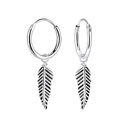 Wholesale Sterling Silver Feather Charm Ear Hoops - JD1654