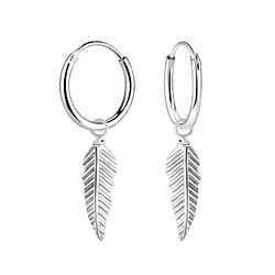Wholesale Sterling Silver Feather Charm Ear Hoops - JD6973