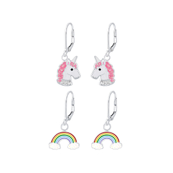 Wholesale Sterling Silver Unicorn and Rainbow Lever Back Earrings Set - JD8378