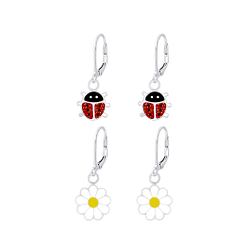 Wholesale Sterling Silver Ladybug and Flower Lever Back Earrings Set - JD8380
