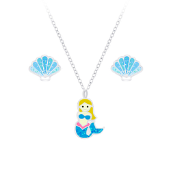 Wholesale Sterling Silver Mermaid Necklace and Shell Ear Studs Set - JD7661