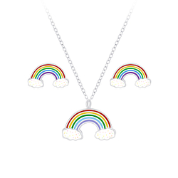 Wholesale Sterling Silver Rainbow Necklace and Ear Studs Set - JD7653