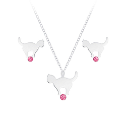 Wholesale Sterling Silver Cat Necklace and Ear Studs Set - JD7654
