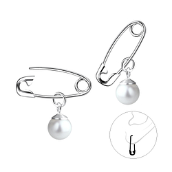 Wholesale Sterling Silver Safety Pin Ear Hoops With Pearl - JD11759 Wholesale Sterling Silver Safety Pin Ear Hoops With Pearl - JD11759