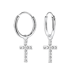 Wholesale Sterling Silver Cross Crystal Charm Ear Hoops - JD15702