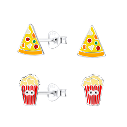 Wholesale Sterling Silver Pizza and Popcorn Ear Studs Set - JD16823