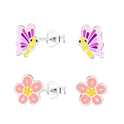 Wholesale Sterling Silver Butterfly and Flower Ear Studs Set - JD16825