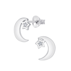 Wholesale Sterling Silver Star Moon Cubic Zirconia Ear Studs - JD4545