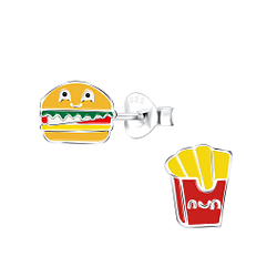 Wholesale Sterling Silver Burger and French Fries Ear Studs - JD18595