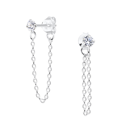 Wholesale 3mm Round Cubic Zirconia Sterling Silver Ear Studs with Chain - JD18759