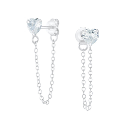 Wholesale 4mm Heart Cubic Zirconia Sterling Silver Ear Studs with Chain - JD6201