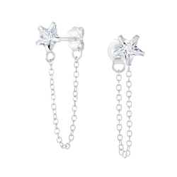 Wholesale 6mm Star Cubic Zirconia Sterling Silver Ear Studs with Chain - JD6214
