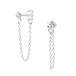 Wholesale 3mm Round Cubic Zirconia Sliver Ear Studs with Chain - JD18759