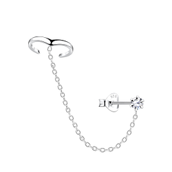 Wholesale 3mm Crystal Sterling Silver Ear Studs and Chevron Ear Cuff with Chain - JD20933