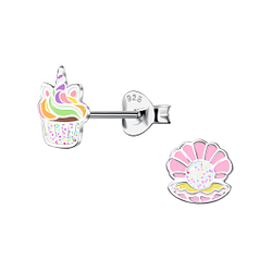 Wholesale Sterling Silver Unicorn Cupcake and Shell Ear Studs - JD20354