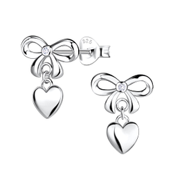 Wholesale Sterling Silver Bow Ear Studs with Hanging Heart - JD21389