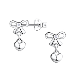 Wholesale Sterling Silver Bow Ear Studs with Hanging Heart - JD21332