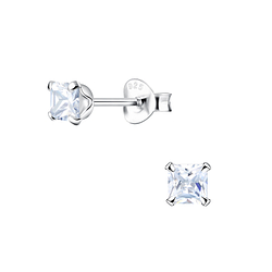 Wholesale 4mm Square Cubic Zirconia Sterling Silver Ear Studs - JD21449