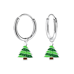 Wholesale Sterling Silver Christmas Tree Charm Ear Hoops - JD13845