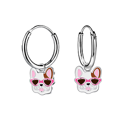 Wholesale Sterling Silver French Bulldog Charm Ear Hoops - JD21915