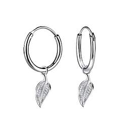 Wholesale Sterling Silver Leaf Charm Ear Hoops - JD10246