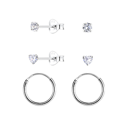 Wholesale 3mm Heart Cubic Zirconia Silver Stud and Hoop Earrings Set