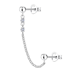 Wholesale Sterling Silver Ball Double Ear Studs with Chain - JD22475