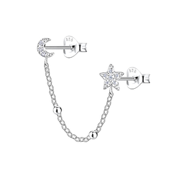 Wholesale Sterling Silver Moon and Star Double Ear Studs with Chain - JD22484