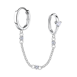 Wholesale Sterling Silver Heart Double Huggie Earrings with Chain - JD22588