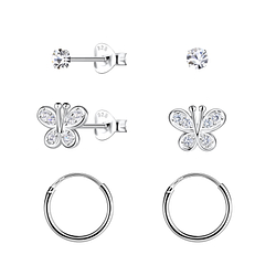 Wholesale Sterling Silver Butterfly Stud and Ear Hoops Set - JD22802